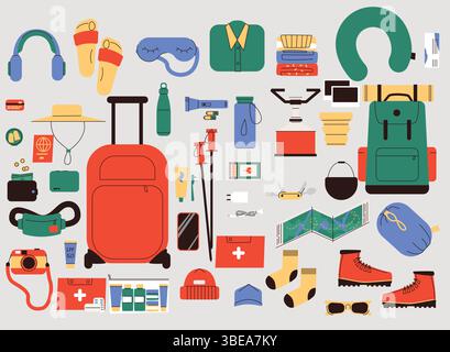 Collezione di accessori da viaggio colorati in stile piatto, tra cui valigia, zaino, fotocamera, vestiti, mappe, prodotti igienici e attrezzatura da trekking. Perfetto per Illustrazione Vettoriale