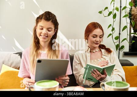 Due bellissimi amici si divertono a vicenda mentre lavorano a progetti creativi. Foto Stock