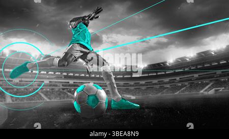 Il giocatore di calcio professionista calca la palla con un movimento di precisione tracciato da linee luminose ed elementi al neon sul campo dello stadio. Collage d'arte contemporanea Foto Stock