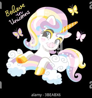 Simpatico personaggio dei cartoni animati felice unicorno magico con arcobaleno, farfalle e lettere. Illustrazione vettoriale isolata su sfondo nero. Per la stampa, t shi Illustrazione Vettoriale