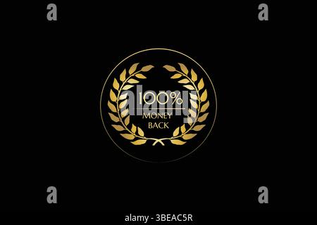 Icona del distintivo soddisfatti o rimborsati al 100%, emblema di rimborso dorato, etichetta di acquisto sicura, sigillo di soddisfazione, timbro aziendale affidabile Illustrazione Vettoriale