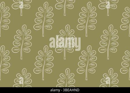 Semplice motivo autunnale senza cuciture con foglie di acacia in stile art. Design per tessuti, tessuti, carta da parati, stampa, confezione regalo, cartolina in verde Illustrazione Vettoriale