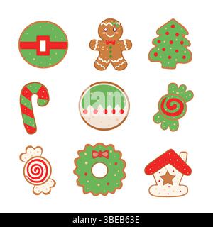 colorato set natalizio di biscotti al pan di zenzero disegnati a mano. vettore Illustrazione Vettoriale