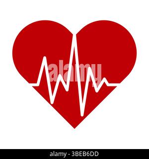 Cuore rosso con impulso elettrocardiogramma. Questa immagine presenta una forma cardiaca rossa con una linea bianca del polso dell'elettrocardiogramma che attraversa il centro. Illustrazione Vettoriale
