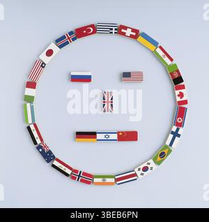 Illustrazione di una faccia sorridente proveniente dalle bandiere nazionali sui domini. Concetto di pace e del Commonwealth delle Nazioni e dell'ordine mondiale Foto Stock