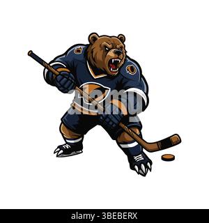 Logo Bear Ice Hockey Mascot. Mascotte Cartoon per la squadra sportiva Illustrazione Vettoriale