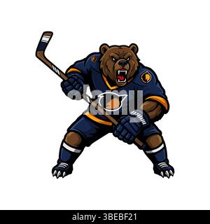 Logo Bear Ice Hockey Mascot. Mascotte Cartoon per la squadra sportiva Illustrazione Vettoriale