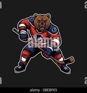 Logo Bear Ice Hockey Mascot. Mascotte Cartoon per la squadra sportiva Illustrazione Vettoriale