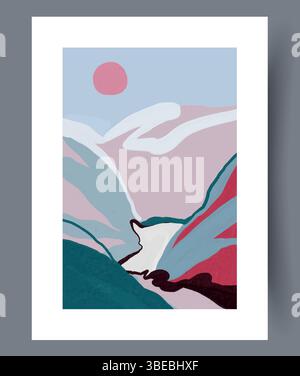 Un bellissimo paesaggio astratto caratterizzato da colori tenui e da un Sole circolare sopra Illustrazione Vettoriale