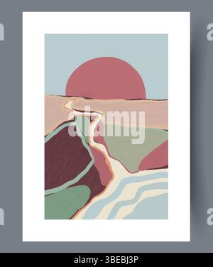 Splendido paesaggio astratto caratterizzato da sole e tonalità della Terra, che evocano calma e ispirazione Illustrazione Vettoriale