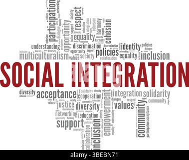 Progettazione concettuale di Word cloud per l'integrazione sociale isolata su sfondo bianco. Illustrazione Vettoriale