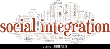 Progettazione concettuale di Word cloud per l'integrazione sociale isolata su sfondo bianco. Illustrazione Vettoriale