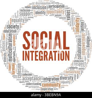 Progettazione concettuale di Word cloud per l'integrazione sociale isolata su sfondo bianco. Illustrazione Vettoriale
