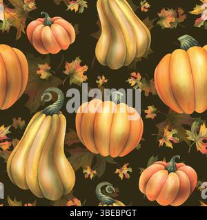 Zucche autunnali arancioni con foglie d'acero. Illustrazione ad acquerello, disegnata a mano. Motivo senza cuciture su sfondo marrone scuro giorno del Ringraziamento, Harvest Foto Stock