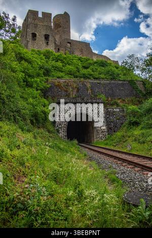 Paesaggio intorno al castello di Löwenburg. Splendide rovine storiche del castello sul torrente Elzbach nel mezzo della foresta. Foto di paesaggi vicino a Monreal Foto Stock