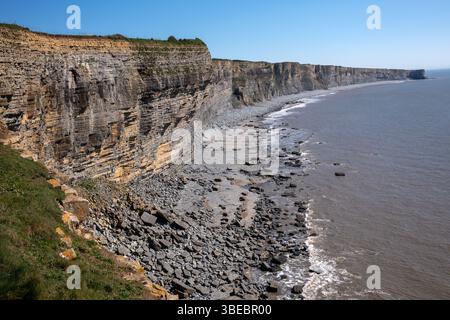 Guardando verso est verso Nash Point da Monknash Beach sulla Glamorgan Heritage Coast nel Galles del Sud, Regno Unito Foto Stock