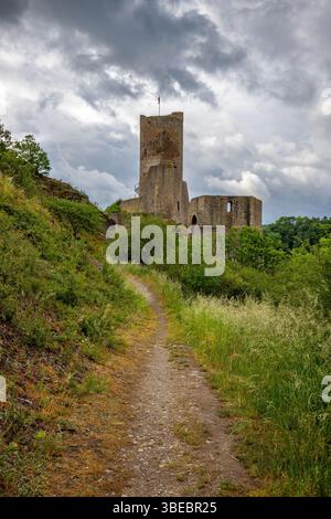 Paesaggio intorno al castello di Löwenburg. Splendide rovine storiche del castello sul torrente Elzbach nel mezzo della foresta. Foto di paesaggi vicino a Monreal Foto Stock