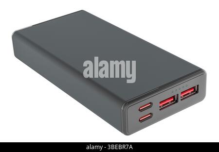 Power Bank portatile nero con più porte USB, rendering 3D isolato su sfondo bianco Foto Stock