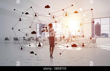 Elegante imprenditrice in 3D Interni Ufficio e sociale il concetto di connessione. I supporti misti Foto Stock