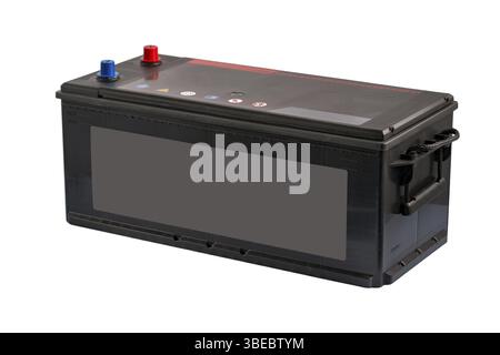Primo piano della batteria nera per auto su sfondo bianco Foto Stock