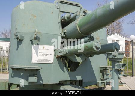 Vityazevo, Russia - 8 aprile 2016: Il cannone del complesso memoriale &quot, i resti della posizione di fuoco batteria costiera 464, 1942-1943 anni&q Foto Stock