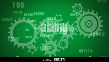 Immagine di numeri e ingranaggi in calo su sfondo verde Foto Stock
