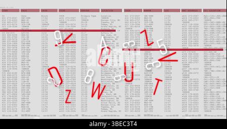 Immagine di elaborazione dati in caduta su numeri e lettere in caduta Foto Stock