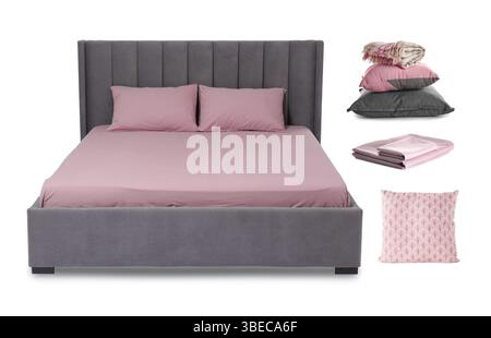 Il letto, le lenzuola, i cuscini e la coperta isolata sul bianco, collage Foto Stock