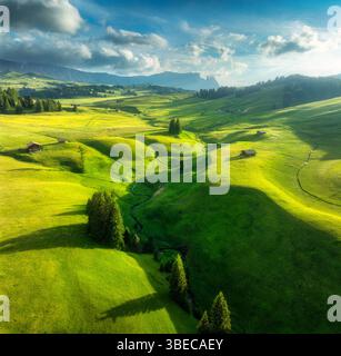 Vista aerea dei verdi prati alpini con case sulle colline al tramonto in estate. Vista dall'alto della valle di montagna con alberi, erba verde e cielo azzurro Foto Stock