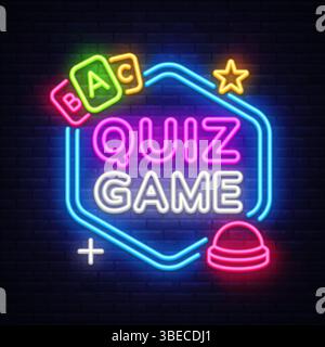 Insegna al neon del gioco a quiz con cicalino. Illustrazione vettoriale che mostra un GIOCO A QUIZ con testo colorato con schede risposte ed elementi luminosi su una parete scura Illustrazione Vettoriale