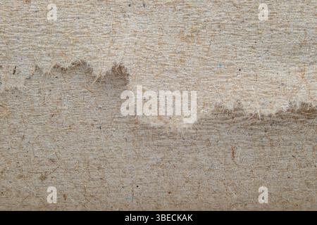 Una vista dettagliata e ravvicinata della carta in fibra ruvida strappata, che rivela un bordo marrone robusto con un aspetto organico, adatto per lo sfondo o il textur Foto Stock