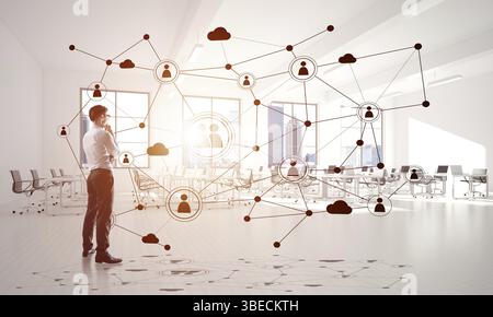 Imprenditore elegante in 3D Interni Ufficio e sociale il concetto di connessione. I supporti misti Foto Stock