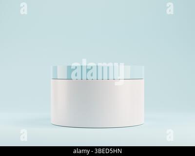 rendering 3d del vaso bianco in plastica per crema, balsamo o gel. Colore blu e bianco. Mockup pacchetto . Illustrazione 3d di alta qualità Foto Stock