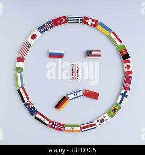 Illustrazione di una faccia sorridente proveniente dalle bandiere nazionali sui domini. Concetto di pace e del Commonwealth delle Nazioni e dell'ordine mondiale Foto Stock