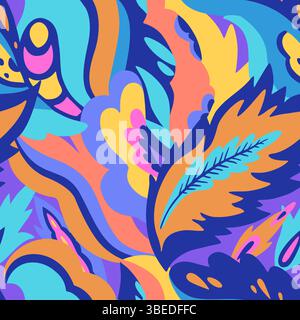 Motivo colorato senza cuciture con elementi astratti psichedelici e floreali caotici. Illustrazione vettoriale. Illustrazione Vettoriale