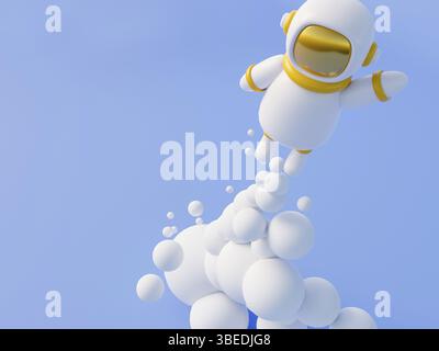 Simpatico astronauta cartoni animati su sfondo blu con inizio razzo. Concetto di viaggio spaziale e colonizzazione. rendering 3d in stile minimalista. 3d illust di alta qualità Foto Stock