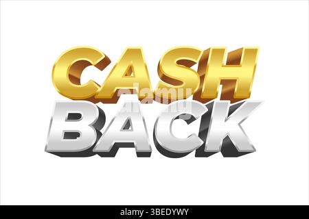 Etichetta di testo vettoriale cashback con caratteri dorati e argentati che promuovono risparmi e rimborsi Illustrazione Vettoriale