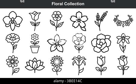 Splendida collezione di icone d'arte con linee floreali Illustrazione Vettoriale