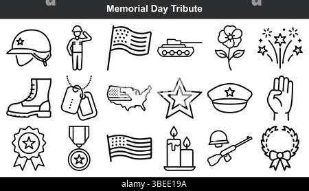 Icone commemorative del Memorial Day, soldato di bandiera americano Illustrazione Vettoriale