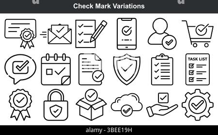 Le icone delle variazioni dei segni di spunta impostano il design della grafica della linea Illustrazione Vettoriale
