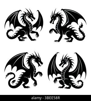 Drago nero stilizzato con pose feroci, ideale per temi fantasy, tatuaggi e disegni mitologici Illustrazione Vettoriale