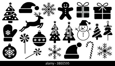 Icone natalizie tra cui alberi, regali, fiocchi di neve e ornamenti in classico stile stagionale Illustrazione Vettoriale