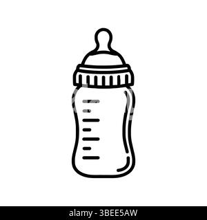 Biberon per l'allattamento con contorno monocromatico per i temi del design genitoriale, del neonato o della cura del bambino Illustrazione Vettoriale