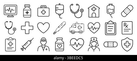 Set di simboli di stile disegnato a mano per l'assistenza sanitaria. Collezione di icone di disegno di Medical Line. Pacchetto logo medico ospedaliero. Immagine di illustrazione vettoriale. Isolato su Illustrazione Vettoriale