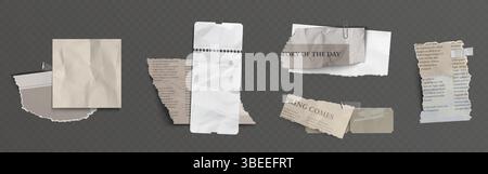 Set di elementi di carta strappati - varie forme rettangolari strappate con bordi irregolari e ombre. Ritaglio realistico di giornali e frammenti di note per scrapbooking o collage. Ritagli pagina obsoleti. Illustrazione Vettoriale