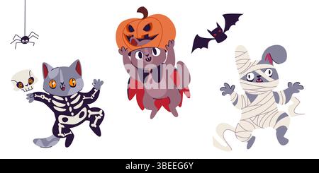 Costumi per animali domestici di Halloween - gatto vestito da scheletro, gattino con cappello di zucca e mantello Jack o lanterna, cane avvolto in bende di mummia. Adorabili personaggi animali in travestimento spettrale. Divertenti mascotte pelose Illustrazione Vettoriale