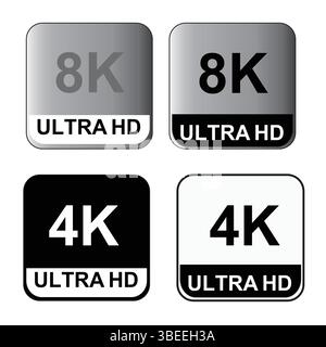 Set di icone vettoriali formato video 4K 8K Ultra HD. Simbolo dello schermo Web tv ad alta risoluzione, illustrazione vettoriale 2 icona del set di icone ultra HD 8k Illustrazione Vettoriale