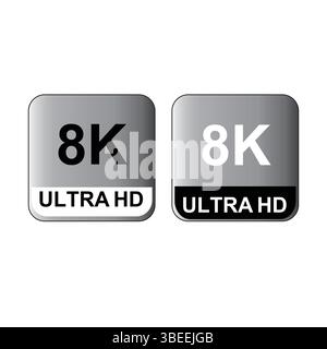 Set di icone vettoriali formato video 4K 8K Ultra HD. Simbolo dello schermo Web tv ad alta risoluzione, illustrazione vettoriale 2 icona del set di icone ultra HD 8k Illustrazione Vettoriale