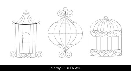 Gabbia disegnata a mano Set line art Collection di semplici gabbie metalliche per uccelli illustrazione di disegni vettoriali per animali domestici vintage minimalista Illustrazione Vettoriale