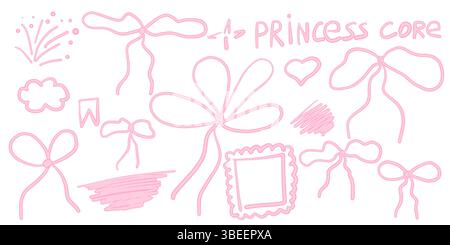 Set di elementi vintage femminili rosa alla moda disegnati a mano. Arco, telaio e scarabocchi. Nastri isolati. Accessori alla moda per bambina/ragazza. Graziosi elementi per acconciatura Illustrazione Vettoriale